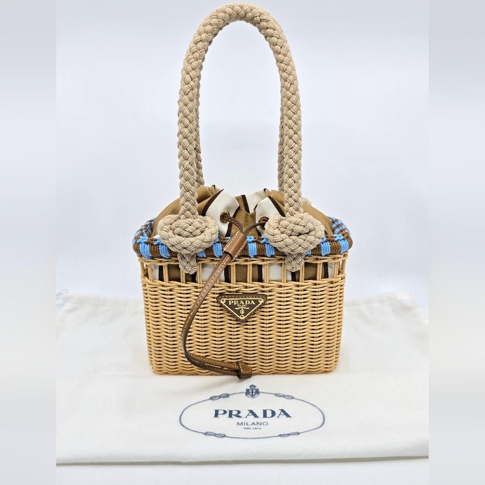 Prada Small Wicker and Canvas Tote Bag